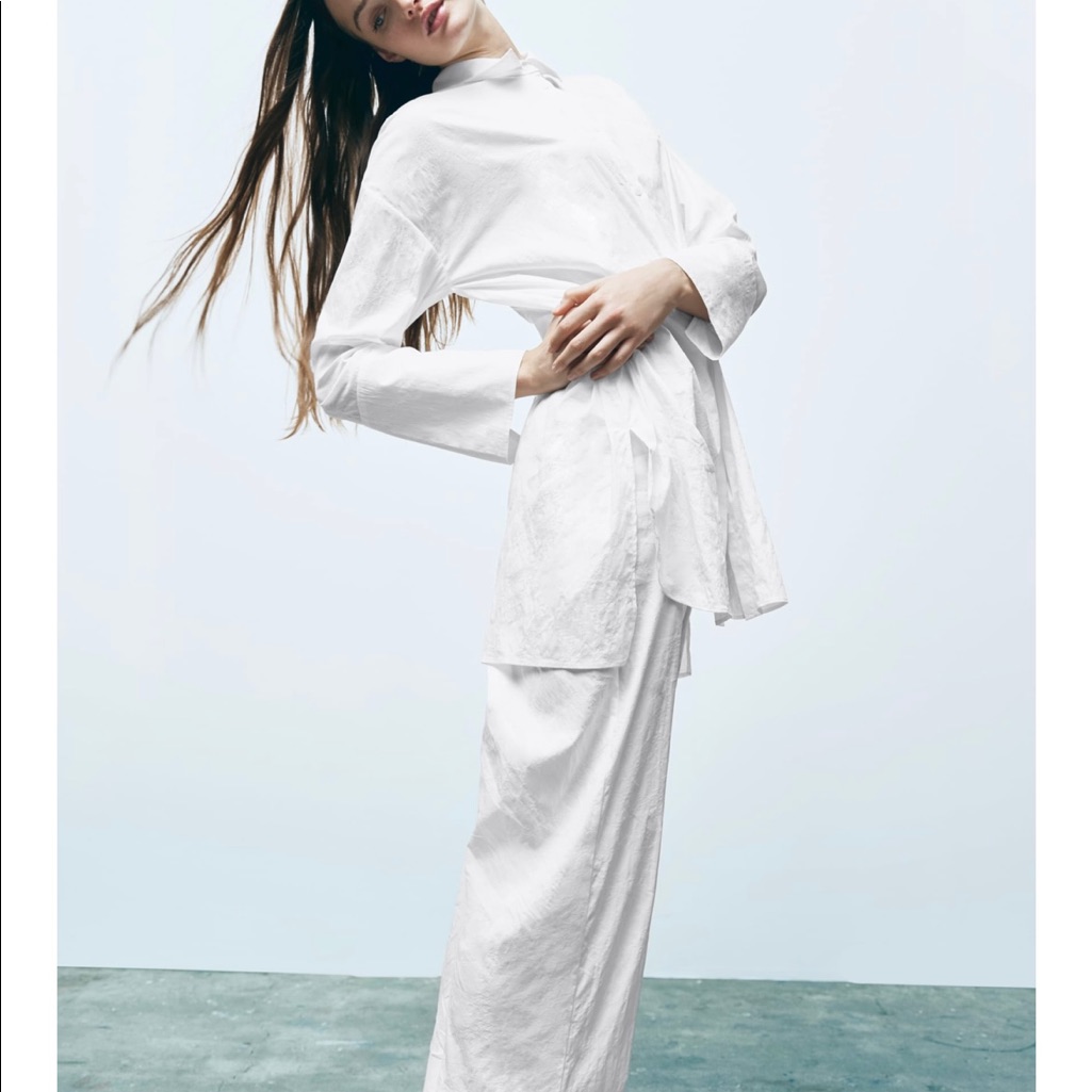 White Jacquard Button Down Shirt And Pant Set